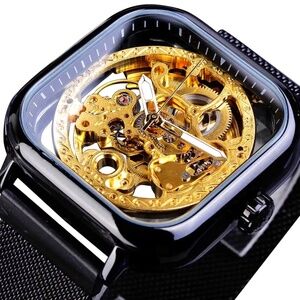 Forsining Mens Black Automatic Mechanical Steampunk Mesh Watch Great Gift Idea